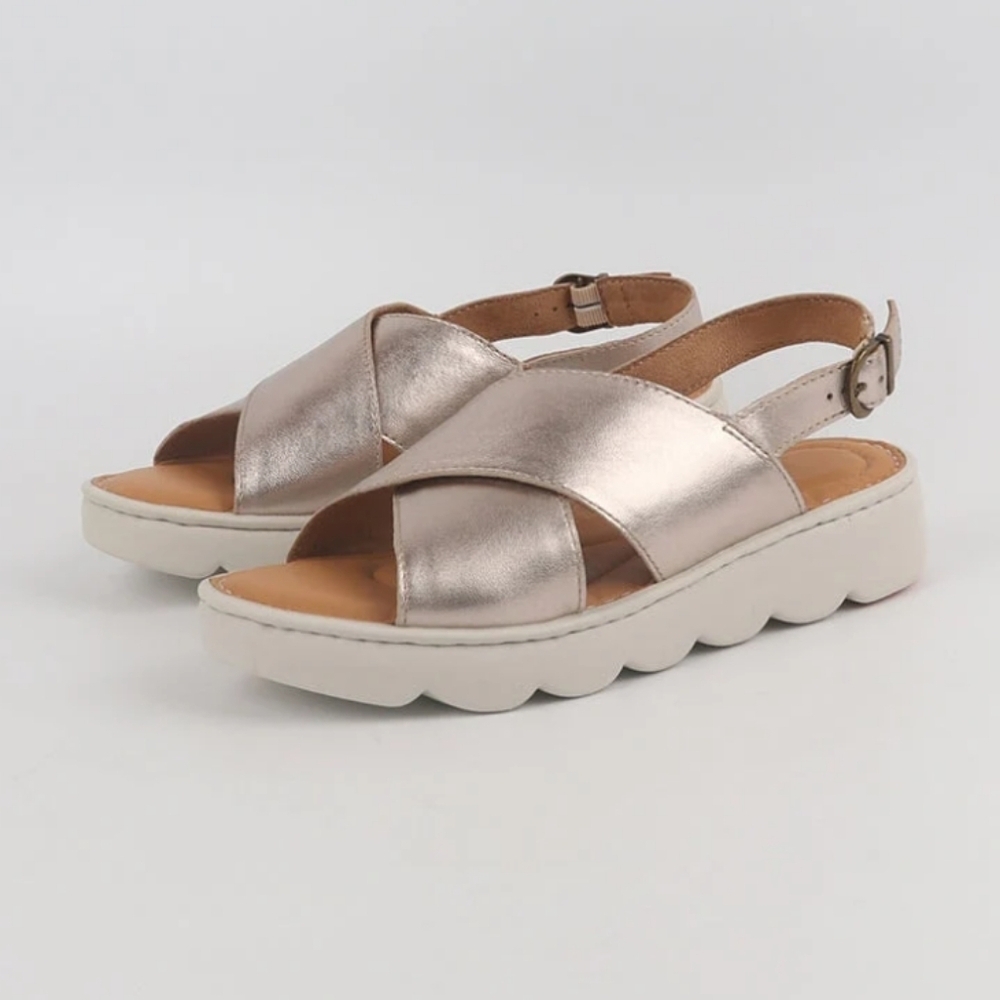 Dwarves Handmade Leather x strap Sandals Metallic Golden Womens Platform_8 - Picture 2 of 10